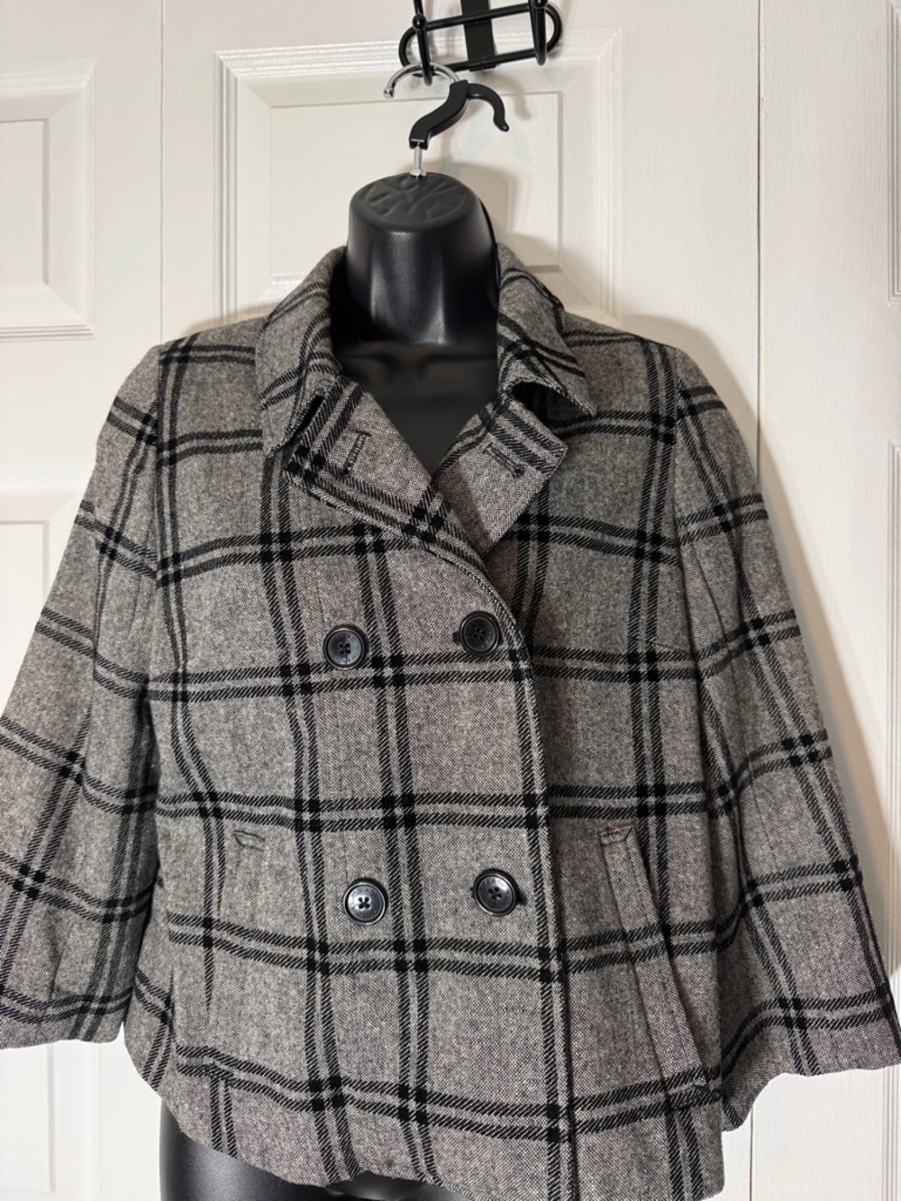 Women’s Gray Plaid Double-Breasted Pea Coat